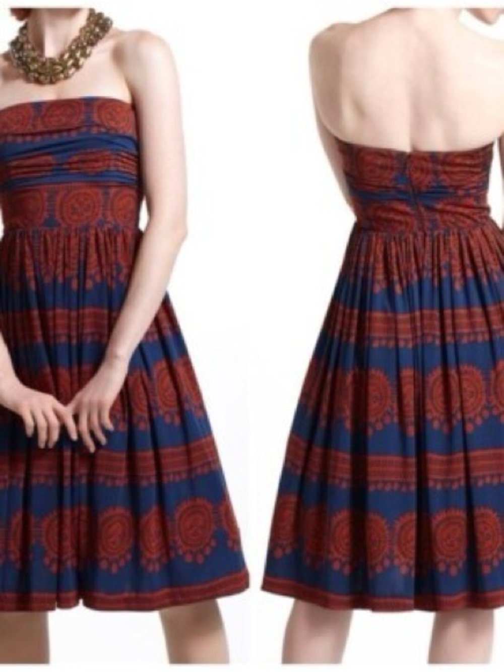 Strapless Anthropologie Navy and Rust Printed Medallion Dress